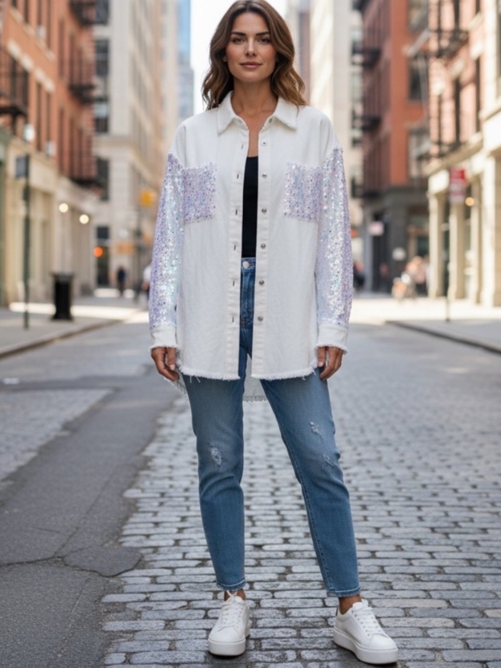 Blue Velvet Button Down Sequin Sleeve Shirt